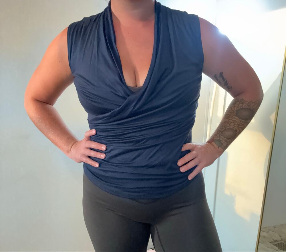 Heimious Navy Blue Sleeveless Draped Surplice Cowl Neck Top Size Small